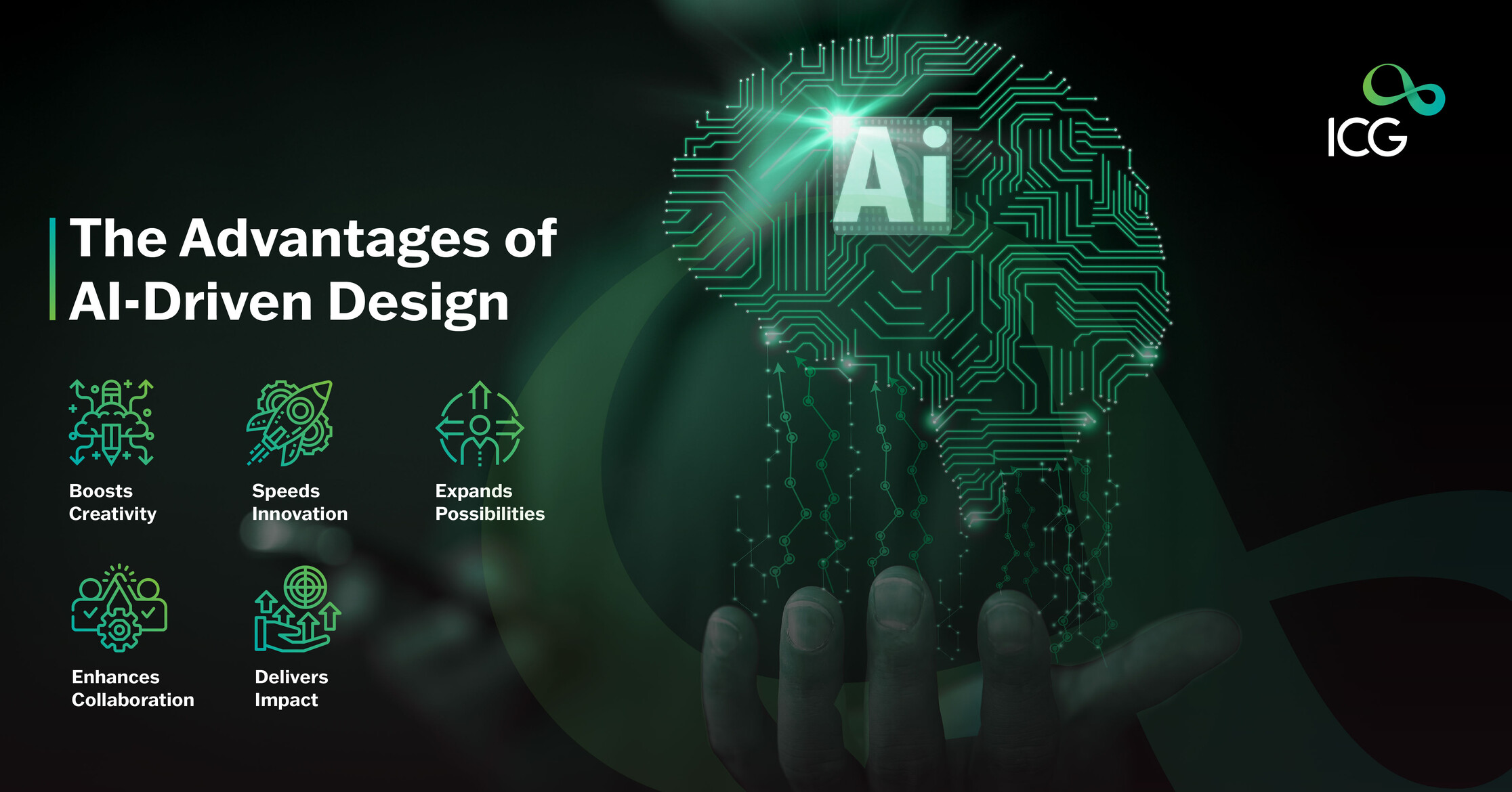 Digital representation of AI-driven design benefits with icons highlighting creativity, innovation, collaboration, and impact, featuring a glowing AI brain held in a hand.