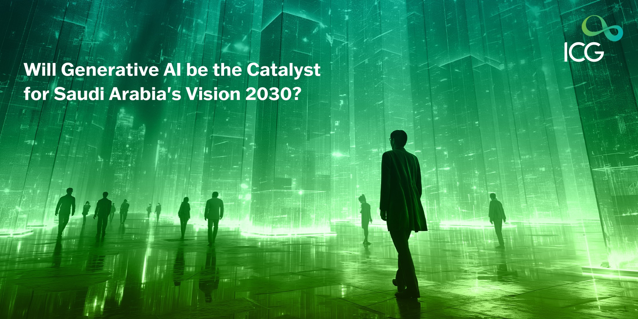 Futuristic digital scene with silhouettes of people walking amidst towering illuminated structures, representing the role of generative AI in Saudi Arabia's Vision 2030.