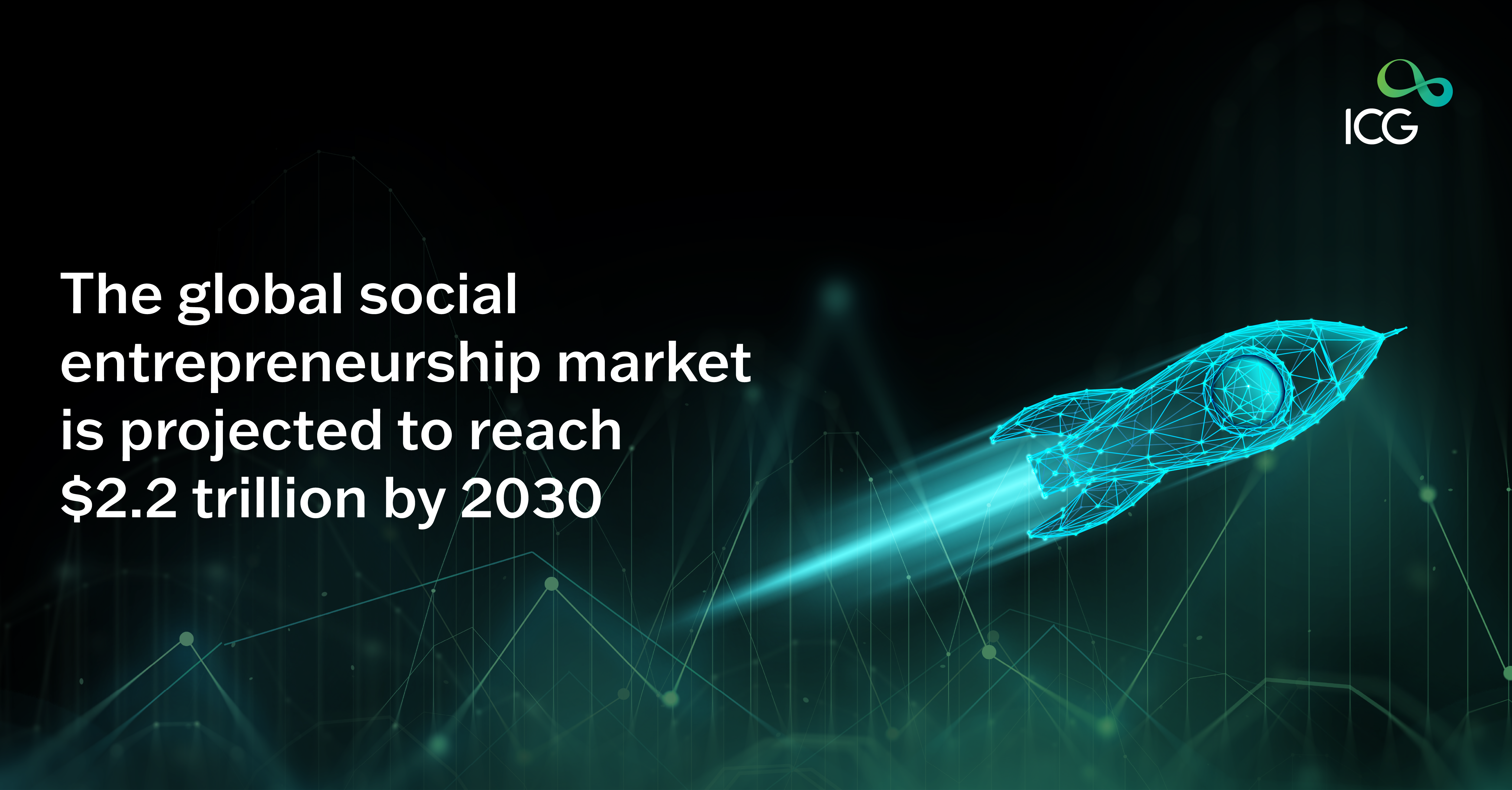 A digital illustration of a glowing blue rocket launching upward, symbolizing growth and innovation, with the text 'The global social entrepreneurship market is projected to reach $2.2 trillion by 2030'