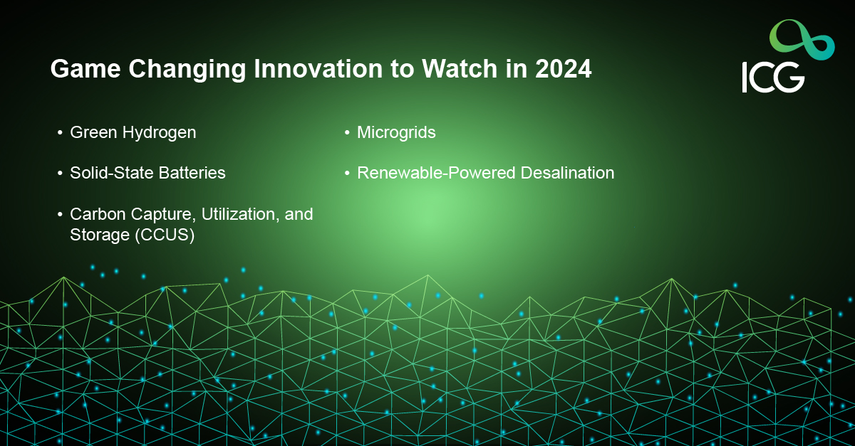 Infographic highlighting game-changing CleanTech innovations for 2024, including green hydrogen, solid-state batteries, CCUS, microgrids, and renewable-powered desalination