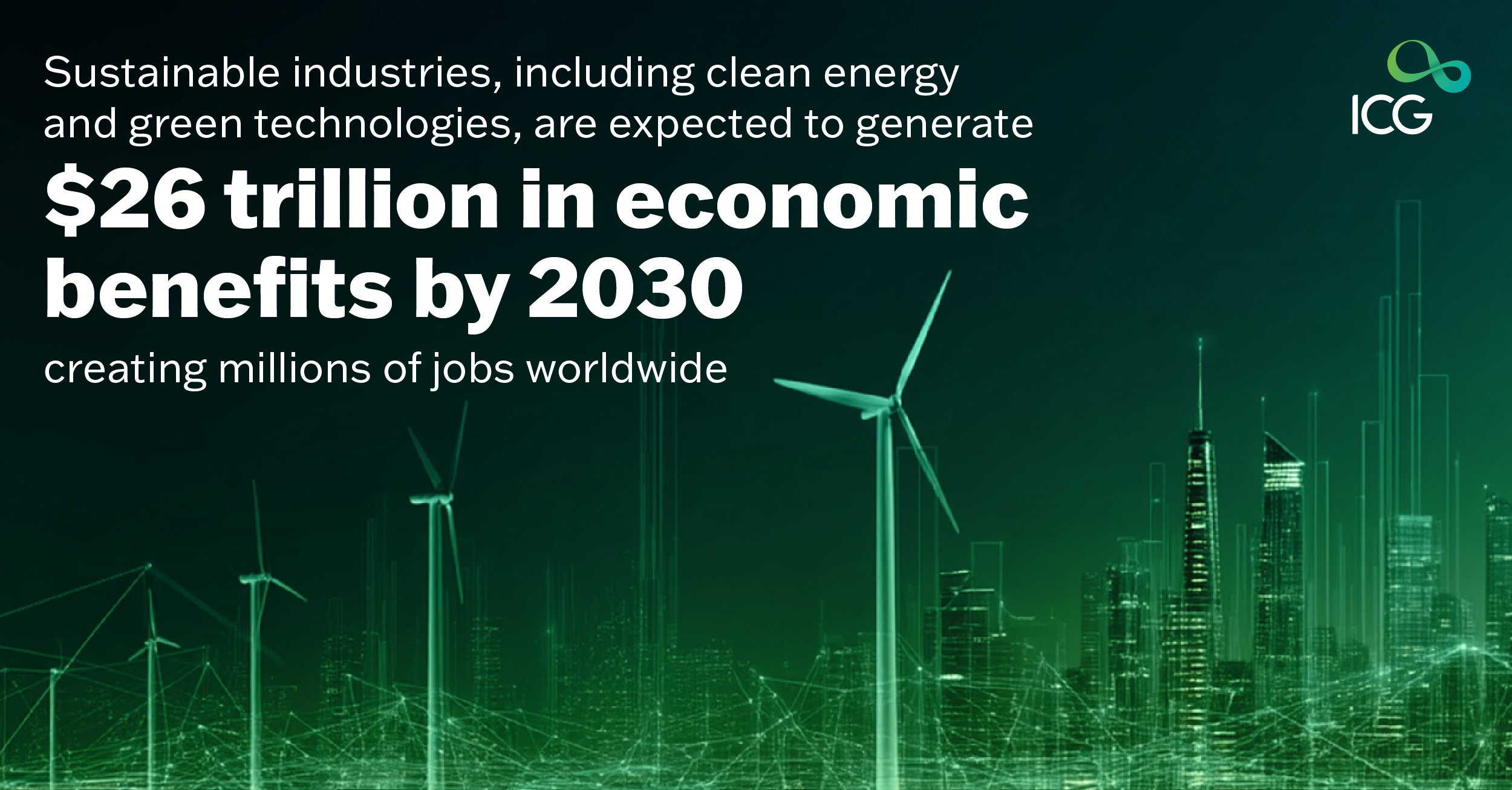 Wind turbines and smart city skyline representing $26 trillion in economic benefits from sustainable industries by 2030