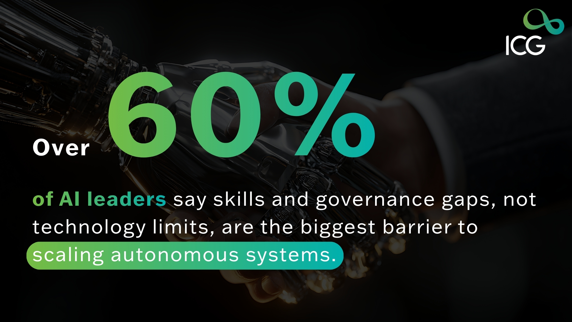 Statistic showing over 60% of AI leaders cite skills and governance gaps as the main barrier to scaling autonomous systems